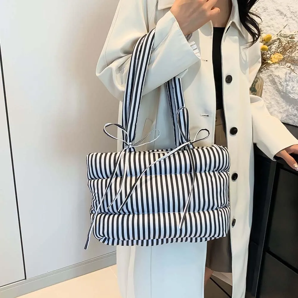 Women Puffer Tote Bag Striped Shoulder Bag Large Capacity Padded Shoulder Handbag Hasp Closure Fashion Tote Purse Ou