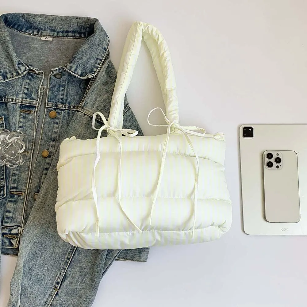Women Puffer Tote Bag Striped Shoulder Bag Large Capacity Padded Shoulder Handbag Hasp Closure Fashion Tote Purse Ou