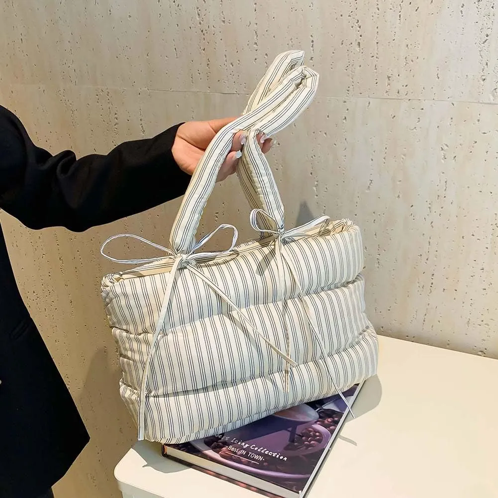 Women Puffer Tote Bag Striped Shoulder Bag Large Capacity Padded Shoulder Handbag Hasp Closure Fashion Tote Purse Ou