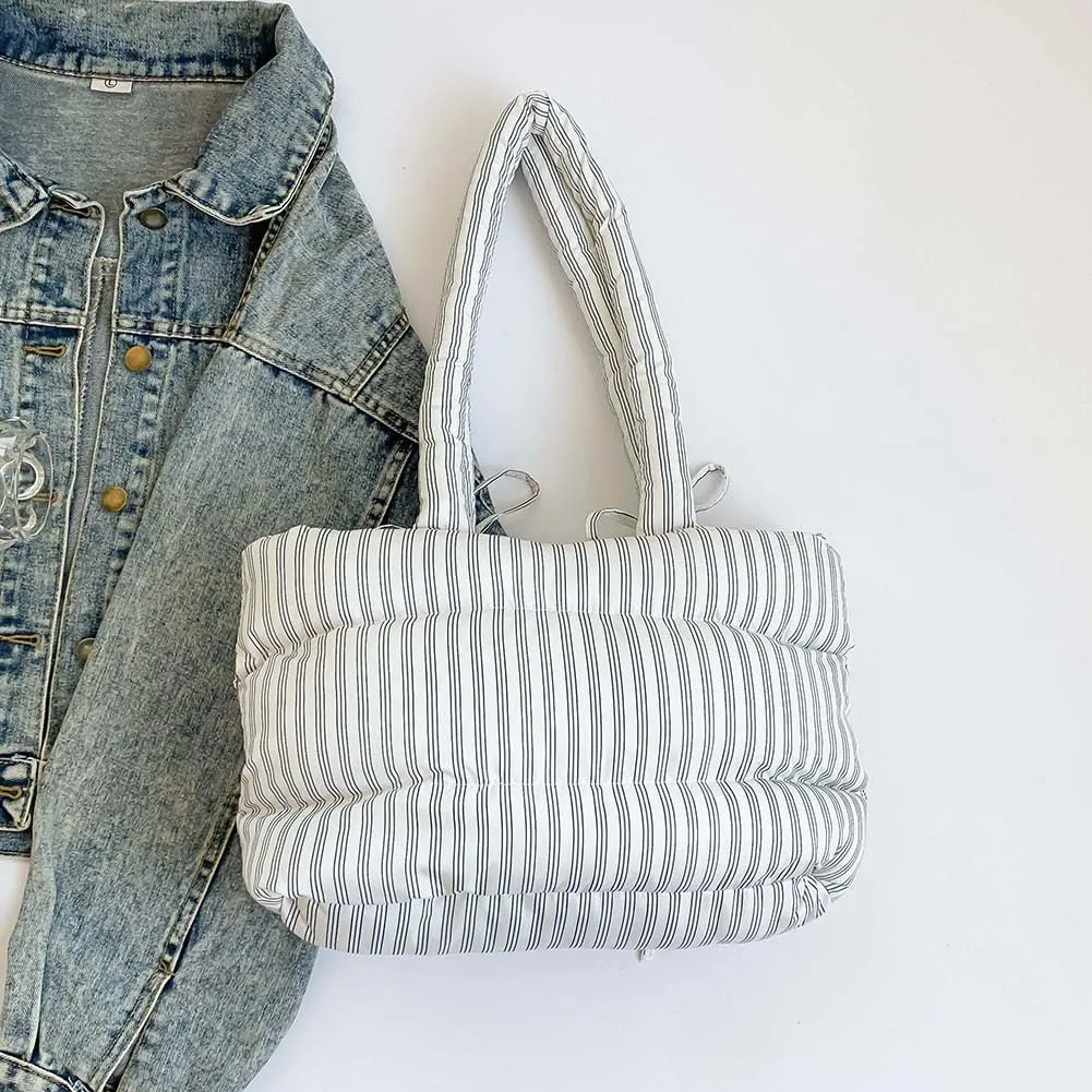 Women Puffer Tote Bag Striped Shoulder Bag Large Capacity Padded Shoulder Handbag Hasp Closure Fashion Tote Purse Ou