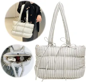 Women Puffer Tote Bag Striped Shoulder Bag Large Capacity Padded Shoulder Handbag Hasp Closure Fashion Tote Purse Ou