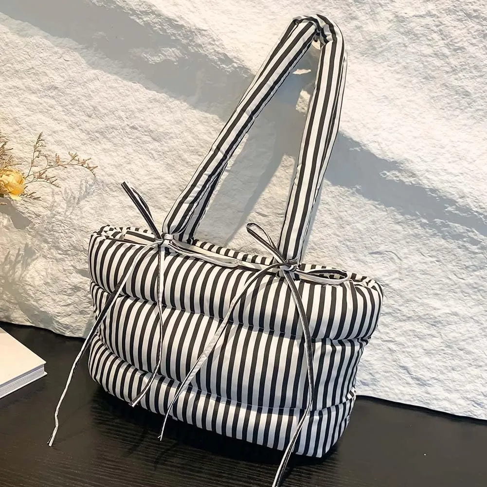 Women Puffer Tote Bag Striped Shoulder Bag Large Capacity Padded Shoulder Handbag Hasp Closure Fashion Tote Purse Ou
