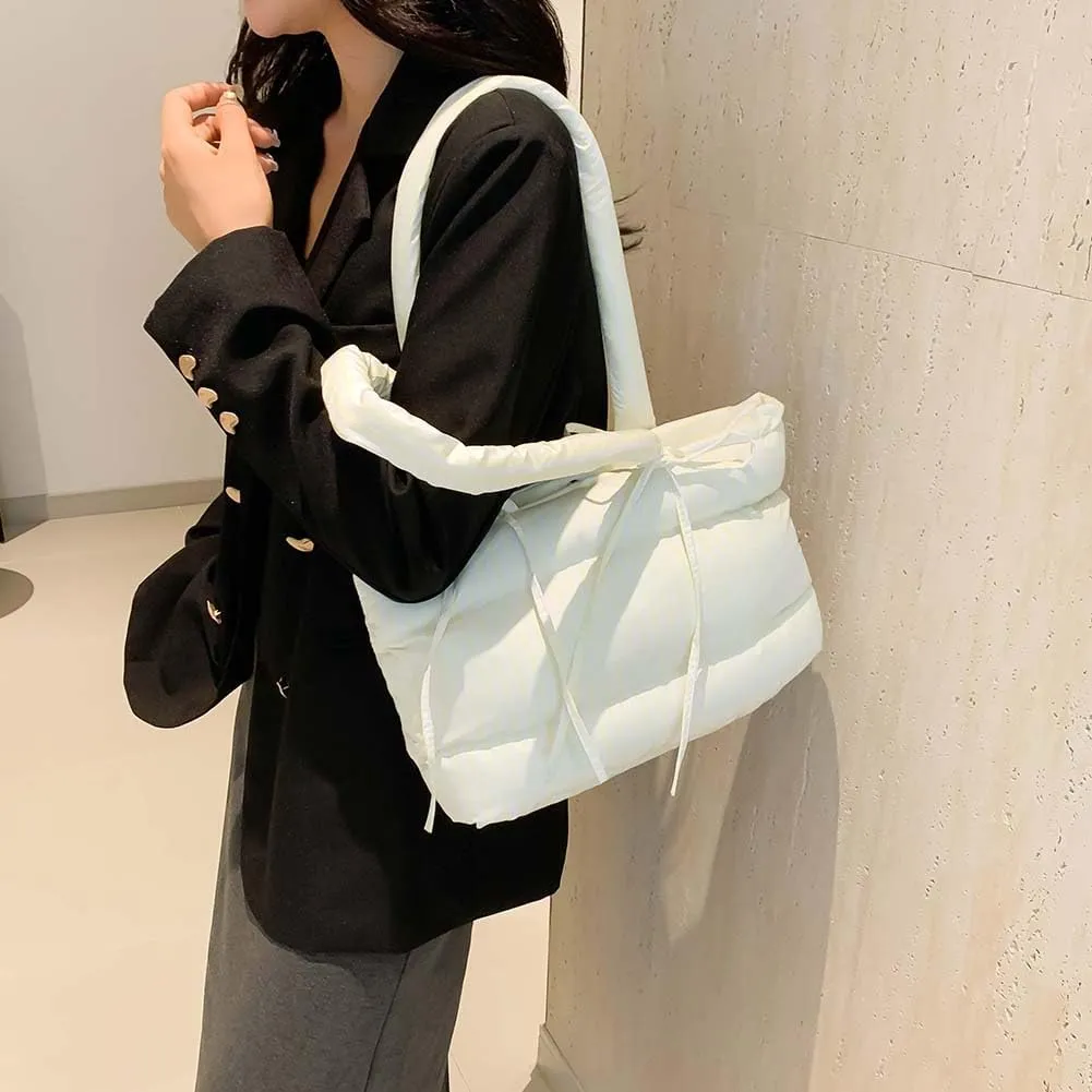 Women Puffer Tote Bag Striped Shoulder Bag Large Capacity Padded Shoulder Handbag Hasp Closure Fashion Tote Purse Ou