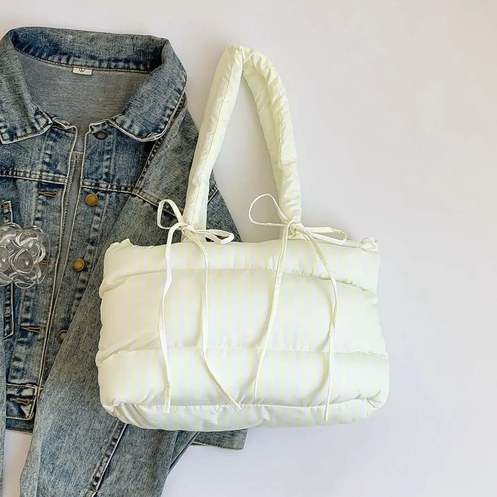 Women Puffer Tote Bag Striped Shoulder Bag Large Capacity Padded Shoulder Handbag Hasp Closure Fashion Tote Purse Ou