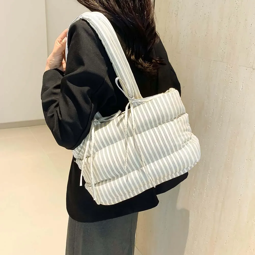 Women Puffer Tote Bag Striped Shoulder Bag Large Capacity Padded Shoulder Handbag Hasp Closure Fashion Tote Purse Ou