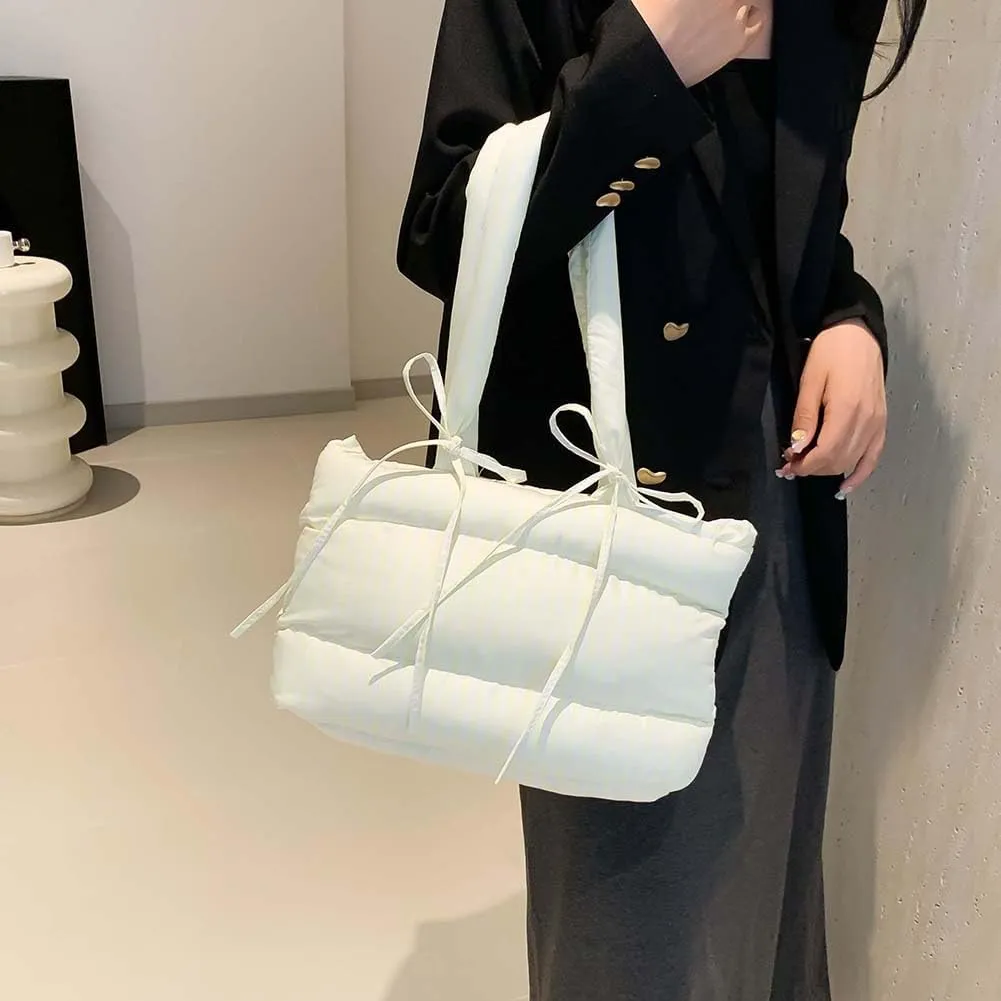 Women Puffer Tote Bag Striped Shoulder Bag Large Capacity Padded Shoulder Handbag Hasp Closure Fashion Tote Purse Ou