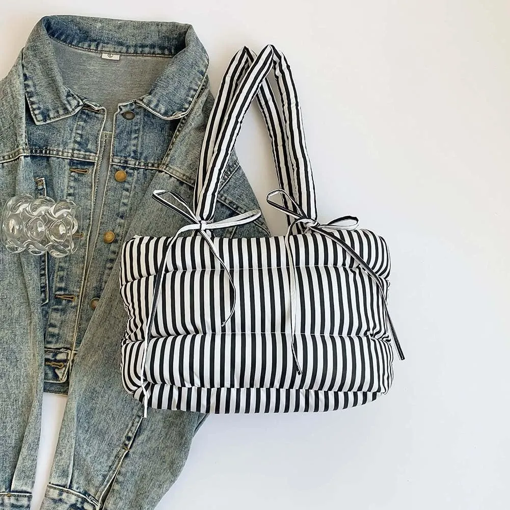 Women Puffer Tote Bag Striped Shoulder Bag Large Capacity Padded Shoulder Handbag Hasp Closure Fashion Tote Purse Ou