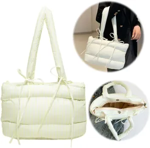 Women Puffer Tote Bag Striped Shoulder Bag Large Capacity Padded Shoulder Handbag Hasp Closure Fashion Tote Purse Ou