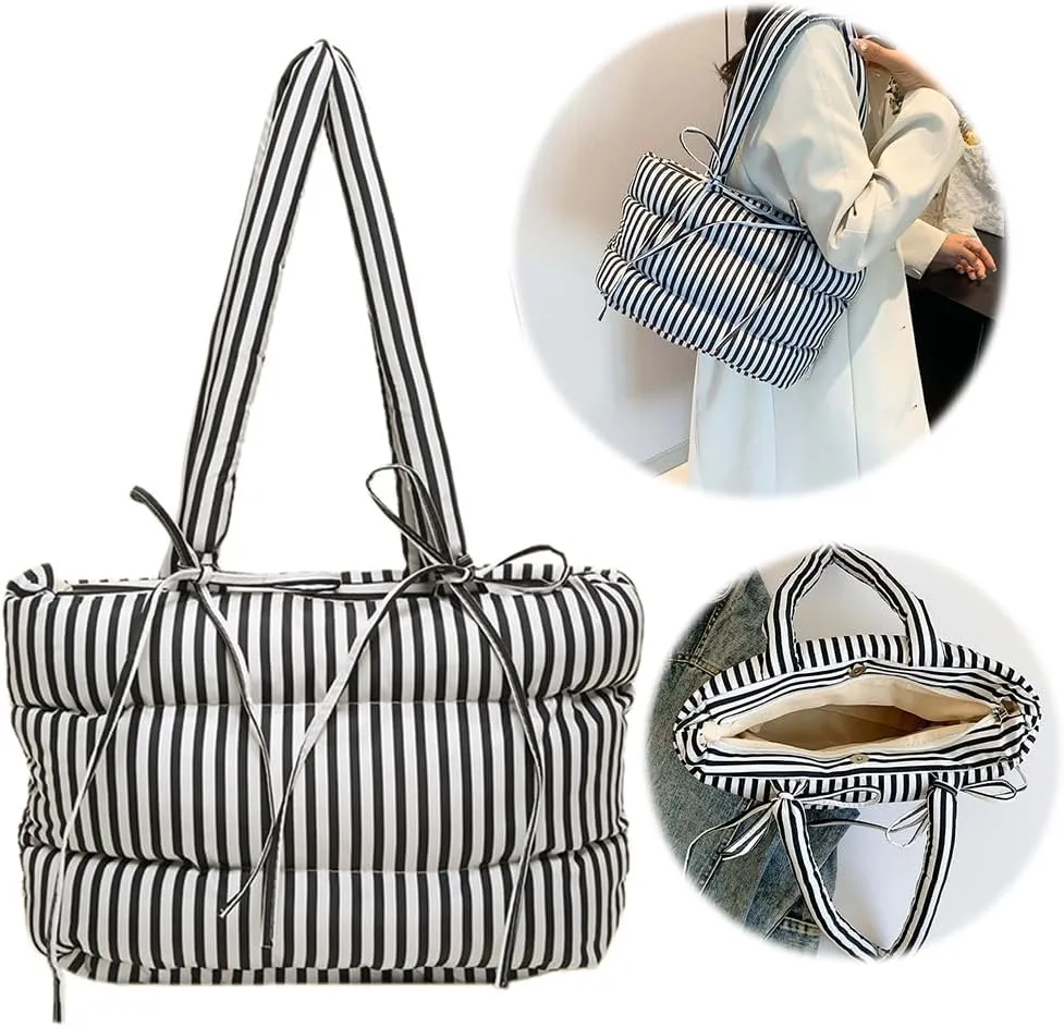 Women Puffer Tote Bag Striped Shoulder Bag Large Capacity Padded Shoulder Handbag Hasp Closure Fashion Tote Purse Ou