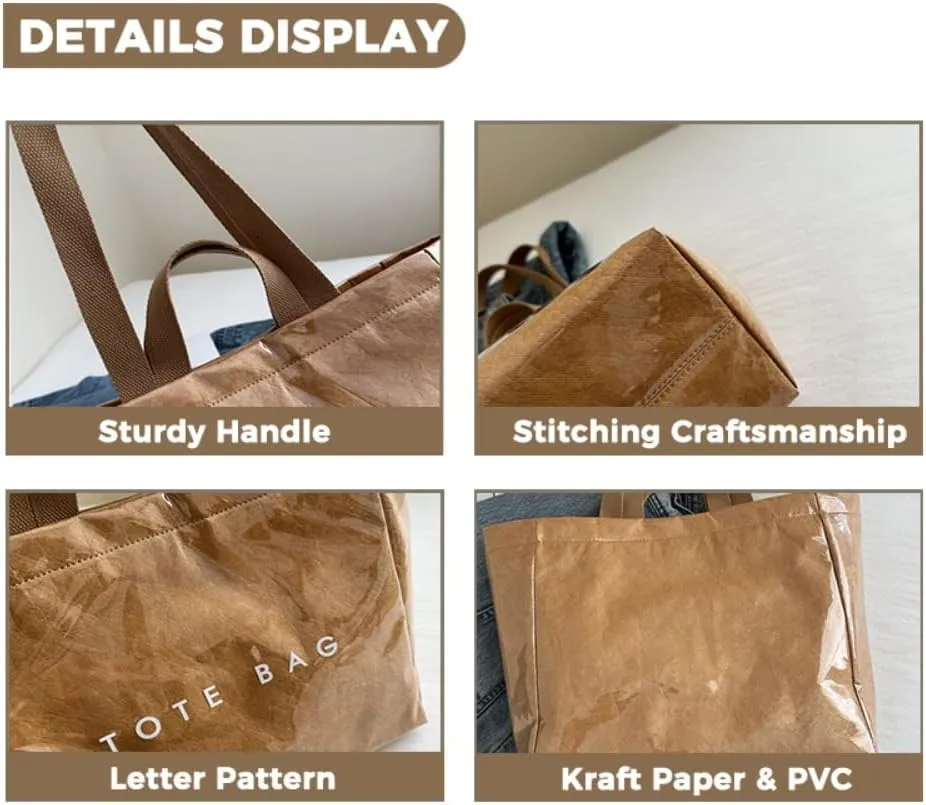 Women PVC Large Tote Bags Clear Plastic Kraft Paper Hobo Bag with Handle Shopping Work Letters Print Shoulder Purses