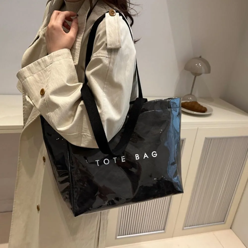 Women PVC Large Tote Bags Clear Plastic Kraft Paper Hobo Bag with Handle Shopping Work Letters Print Shoulder Purses