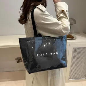 Women PVC Large Tote Bags Clear Plastic Kraft Paper Hobo Bag with Handle Shopping Work Letters Print Shoulder Purses