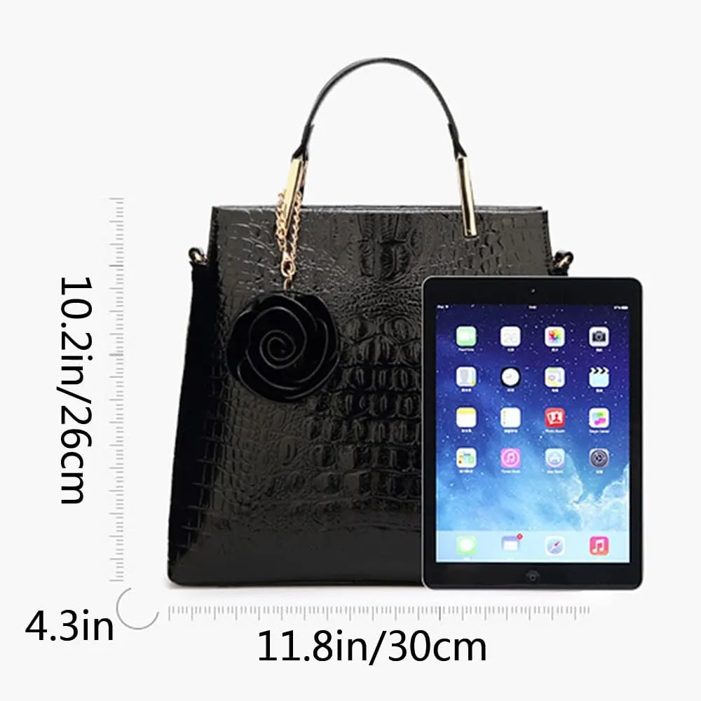 Women Satchel Top Handle Bags PU Leather Handbag Shoulder Bag Purse with Flower Pendant