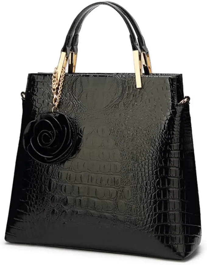 Women Satchel Top Handle Bags PU Leather Handbag Shoulder Bag Purse with Flower Pendant