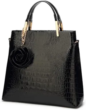 Women Satchel Top Handle Bags PU Leather Handbag Shoulder Bag Purse with Flower Pendant