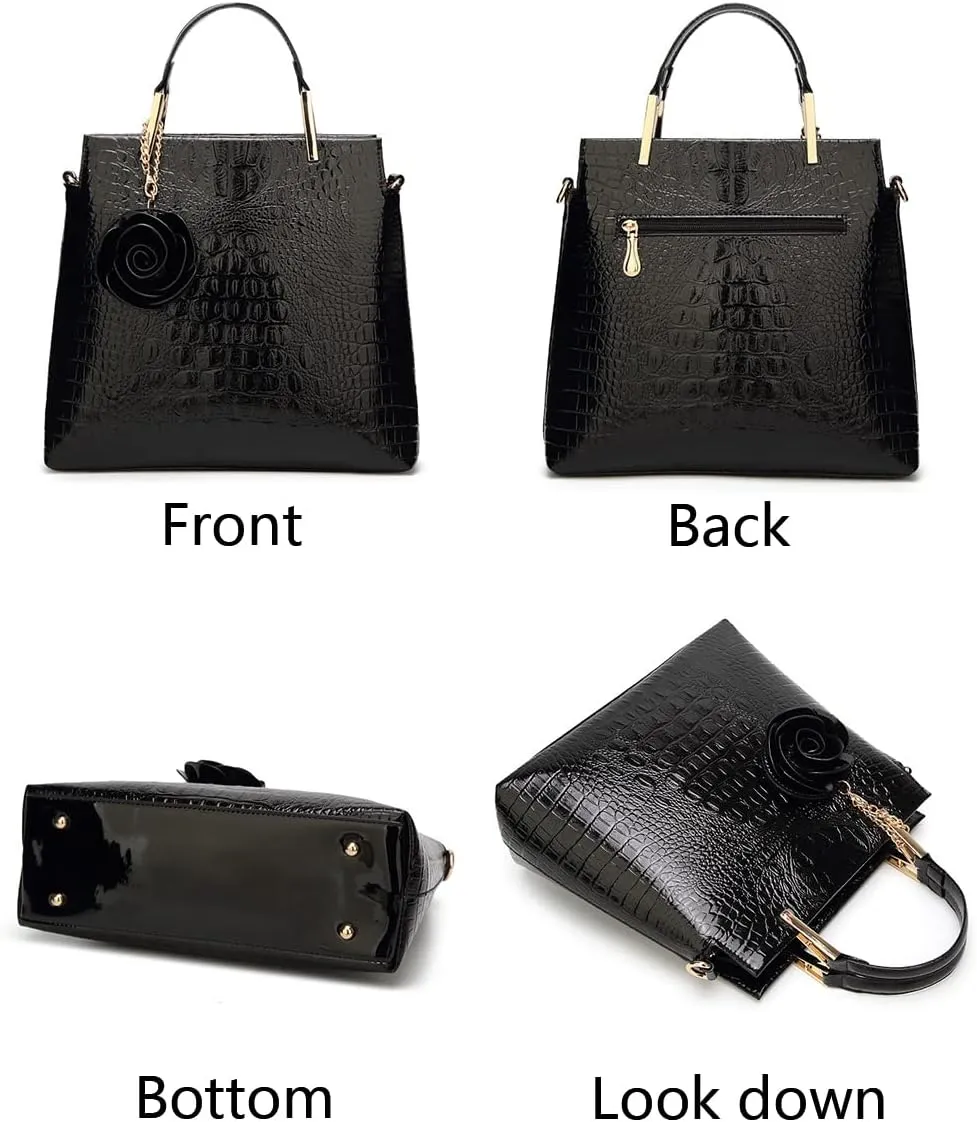 Women Satchel Top Handle Bags PU Leather Handbag Shoulder Bag Purse with Flower Pendant