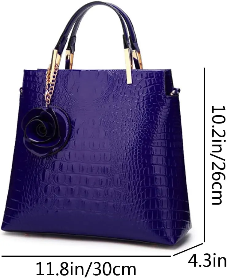 Women Satchel Top Handle Bags PU Leather Handbag Shoulder Bag Purse with Flower Pendant