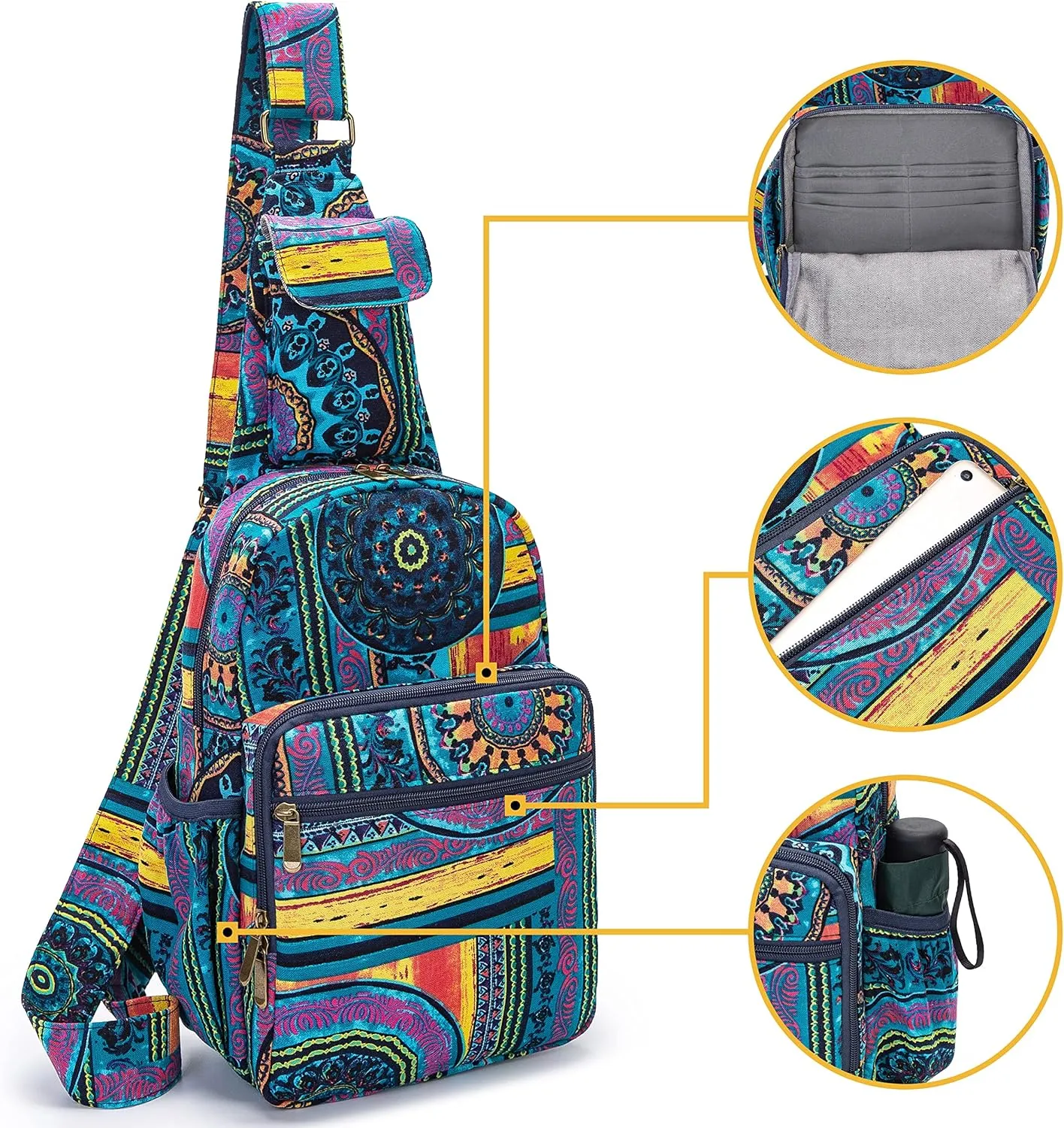 Women sling bag Elephant canvas large boho backpacks bohemian Crossbody Bag (green purple)