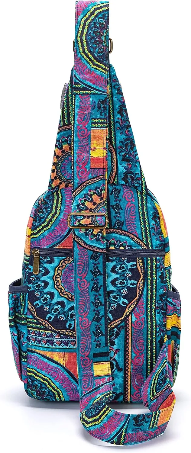 Women sling bag Elephant canvas large boho backpacks bohemian Crossbody Bag (green purple)