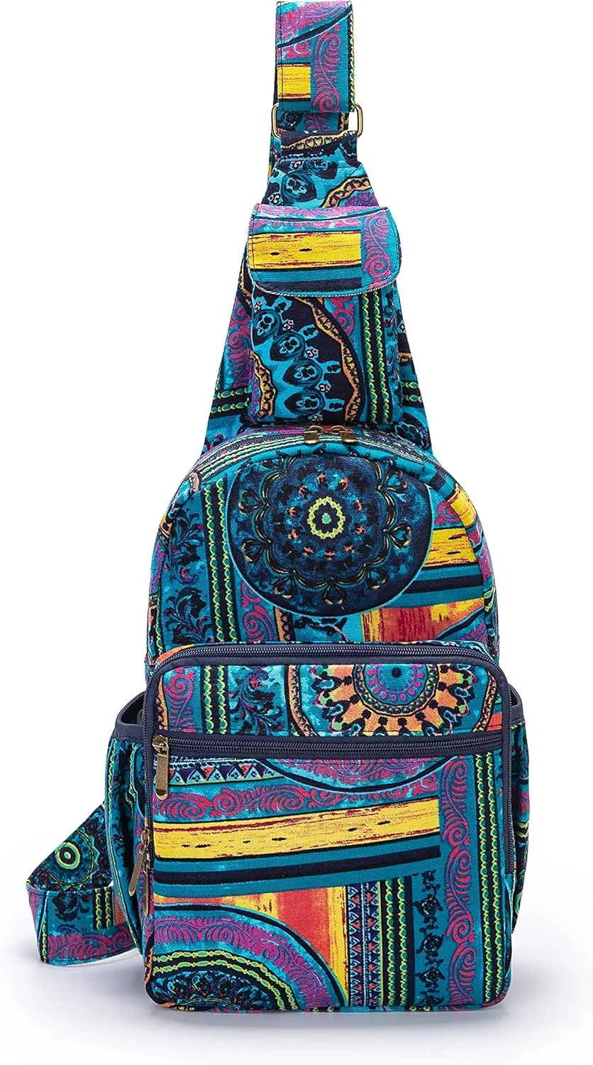 Women sling bag Elephant canvas large boho backpacks bohemian Crossbody Bag (green purple)