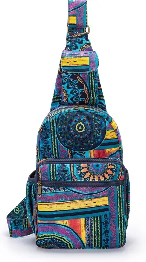 Women sling bag Elephant canvas large boho backpacks bohemian Crossbody Bag (green purple)
