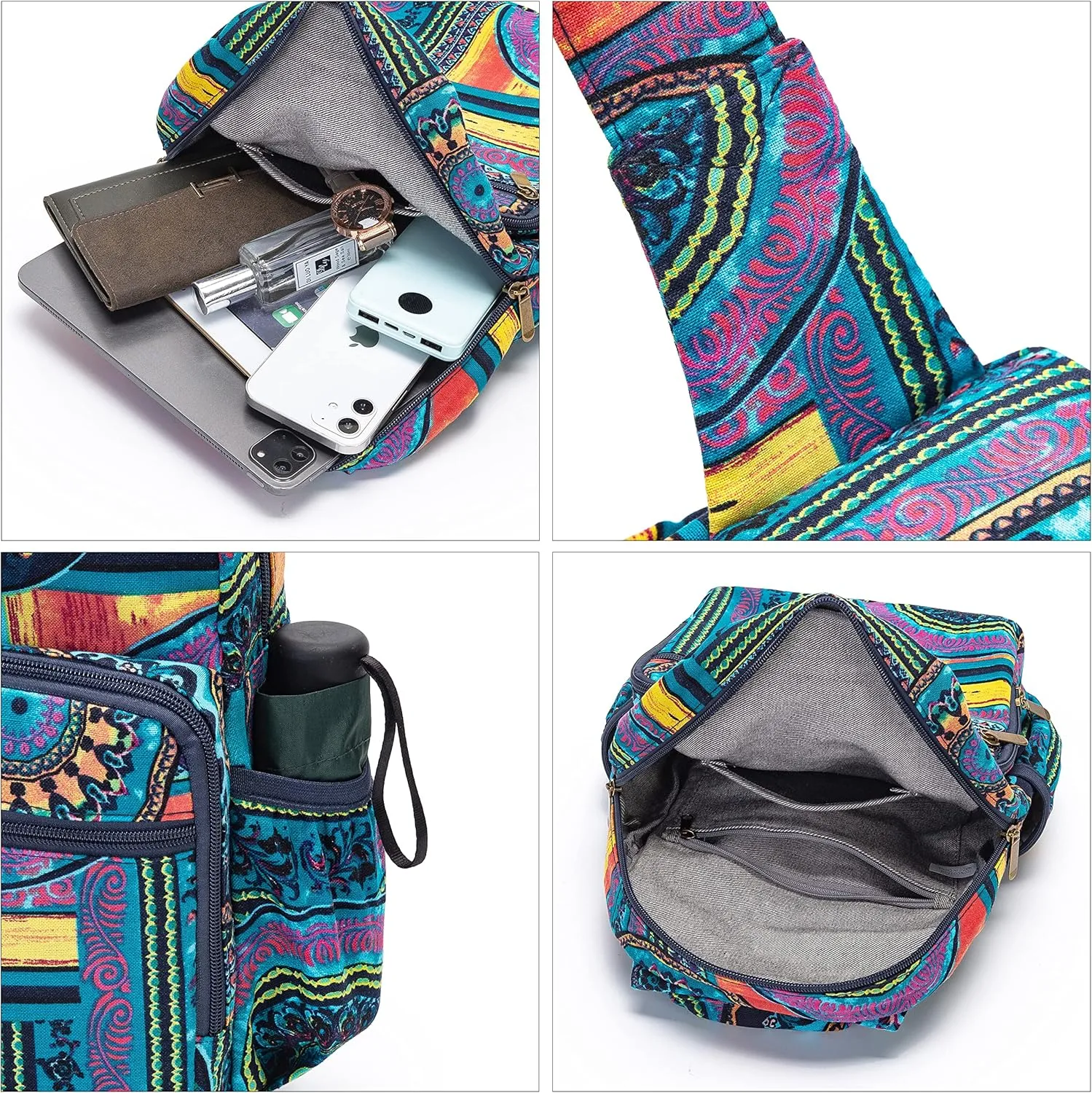 Women sling bag Elephant canvas large boho backpacks bohemian Crossbody Bag (green purple)