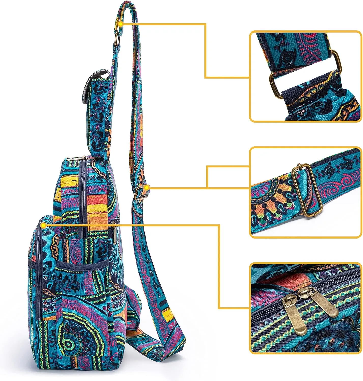 Women sling bag Elephant canvas large boho backpacks bohemian Crossbody Bag (green purple)