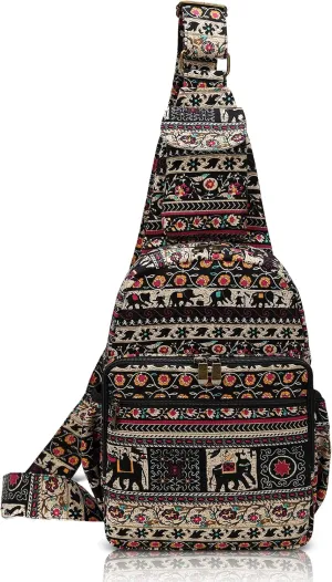 Women sling bag Elephant canvas large boho backpacks bohemian Crossbody bag (Red)