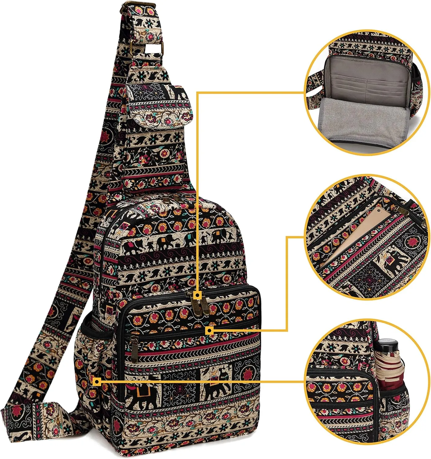 Women sling bag Elephant canvas large boho backpacks bohemian Crossbody bag (Red)