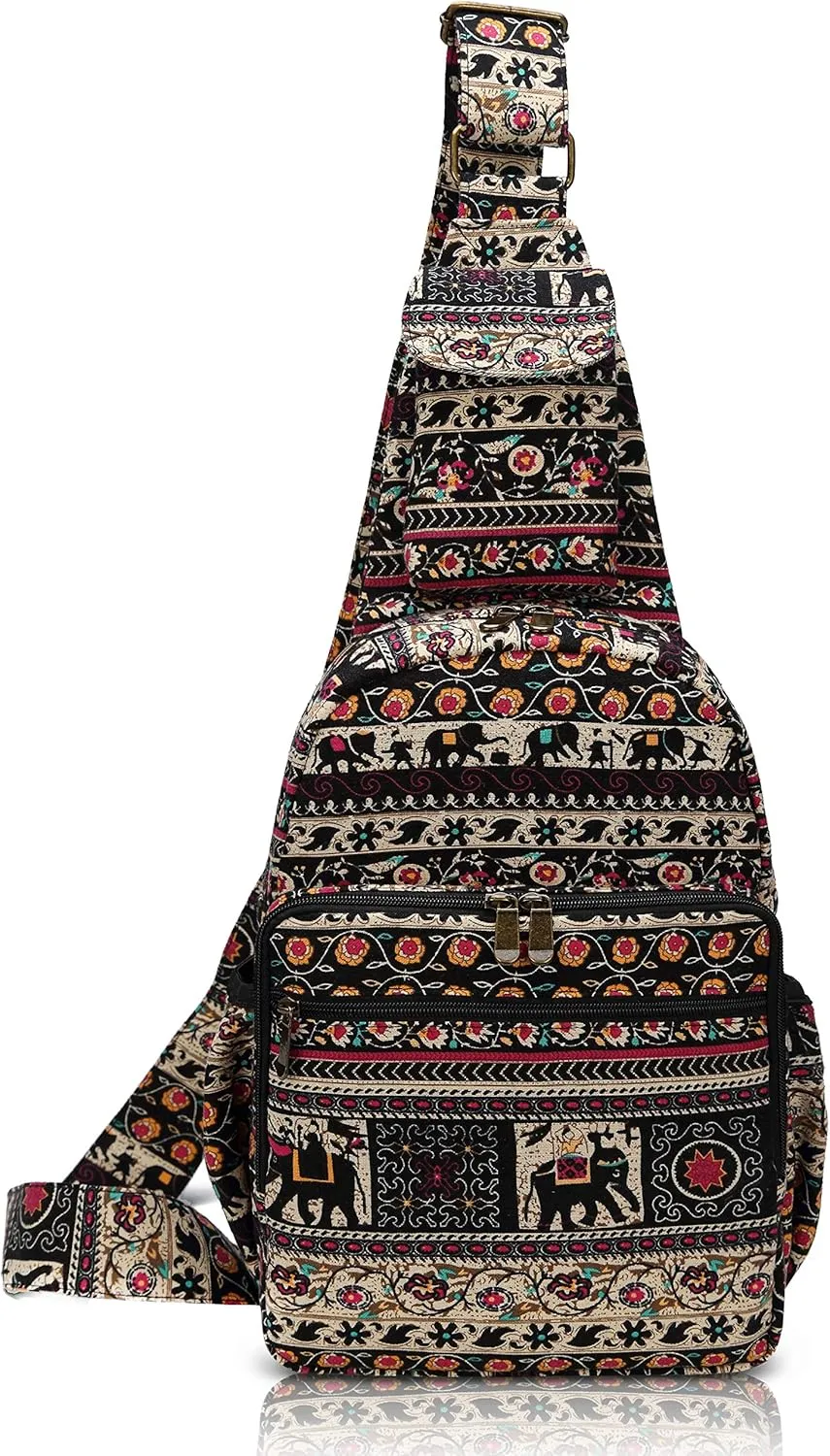 Women sling bag Elephant canvas large boho backpacks bohemian Crossbody bag (Red)