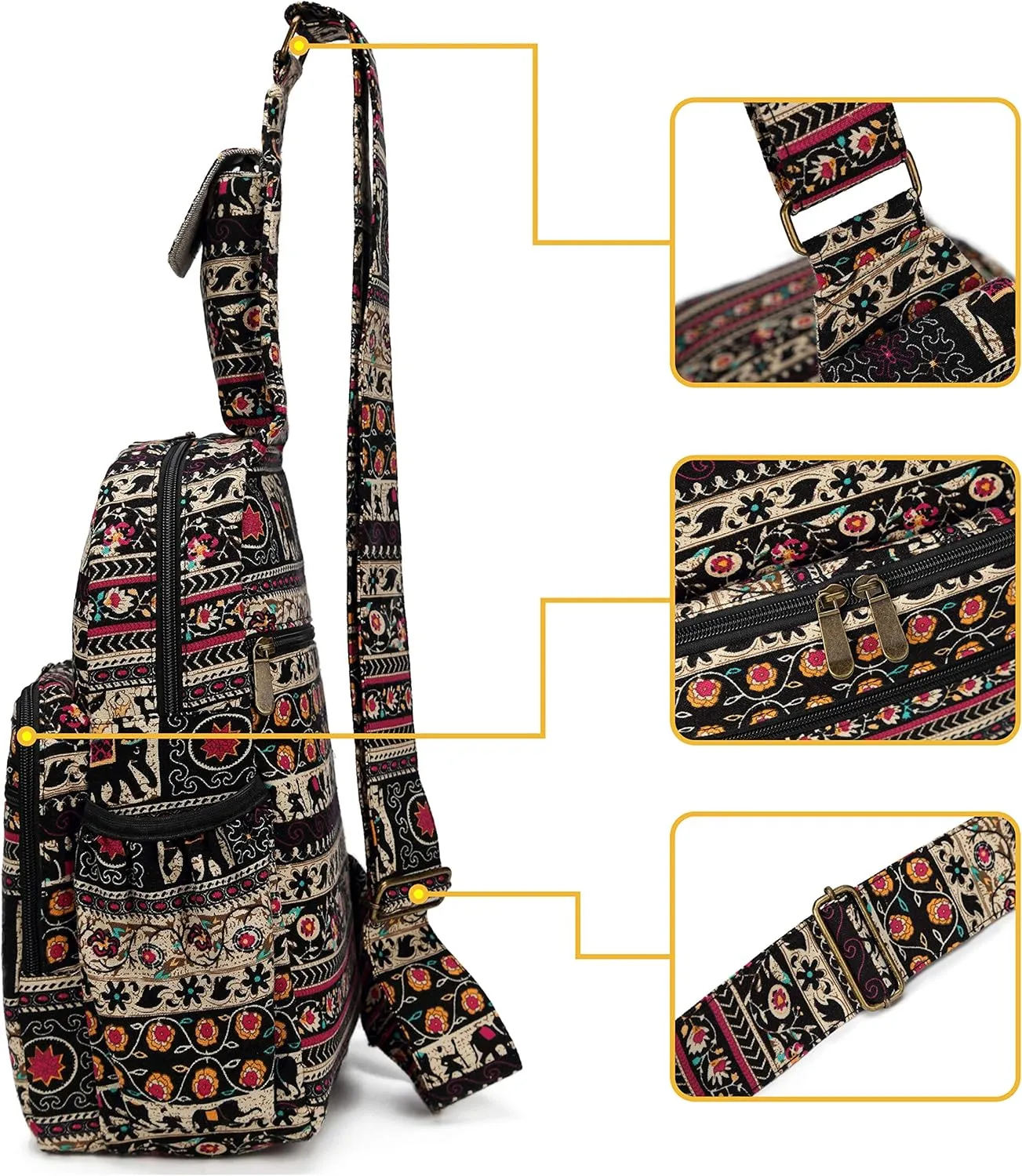 Women sling bag Elephant canvas large boho backpacks bohemian Crossbody bag (Red)