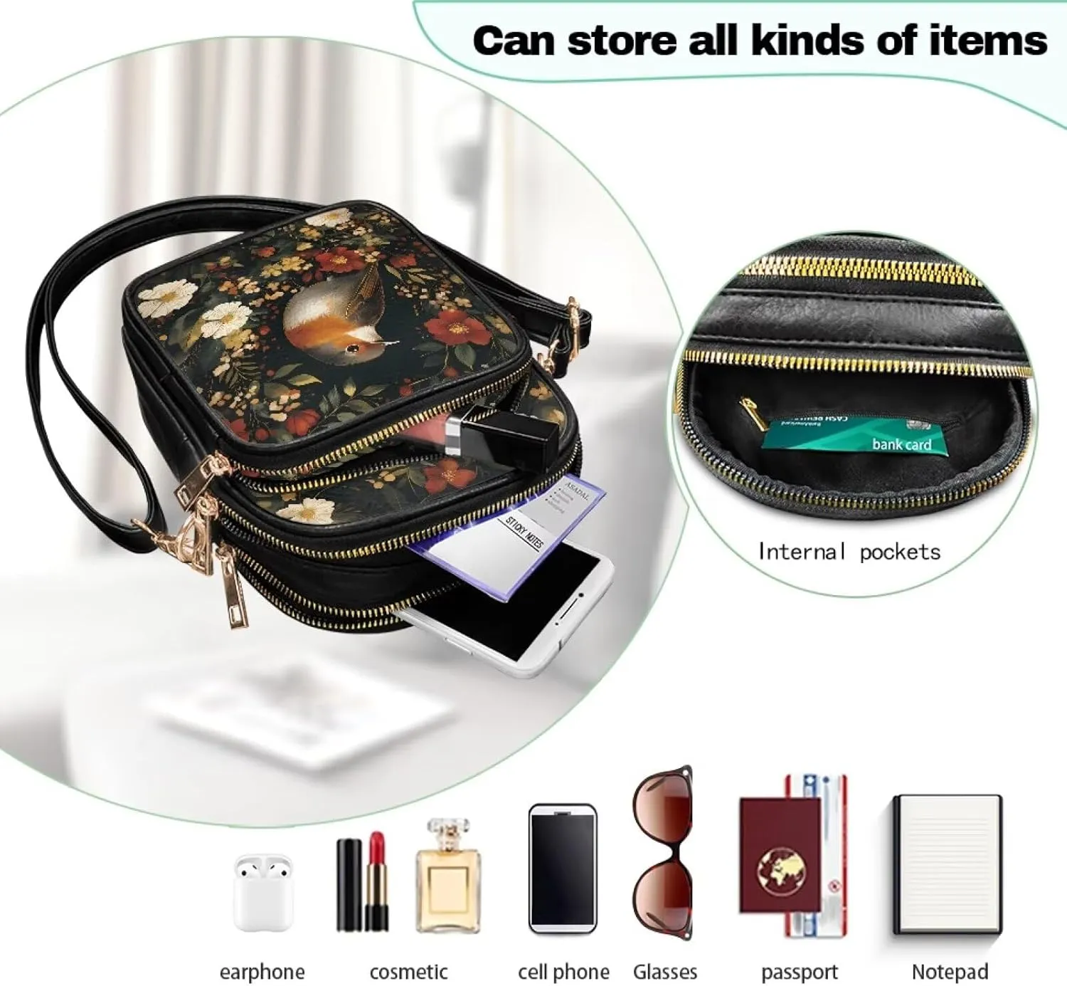 Women Small Crossbody Bags PU Leather Handbags, Animals Print Travel Wallet Zipper Phone Pouch Adjustable Strap