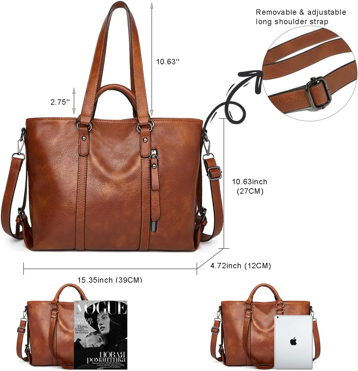 Women Soft Top-handle Purse Oil-waxed PU Leather Shoulder Handbag Shopper Work Tote Crossbody Bag Travel Satchel