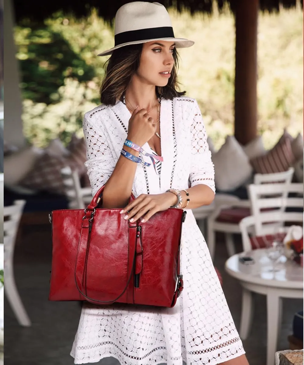 Women Soft Top-handle Purse Oil-waxed PU Leather Shoulder Handbag Shopper Work Tote Crossbody Bag Travel Satchel