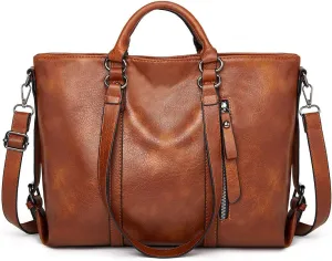 Women Soft Top-handle Purse Oil-waxed PU Leather Shoulder Handbag Shopper Work Tote Crossbody Bag Travel Satchel