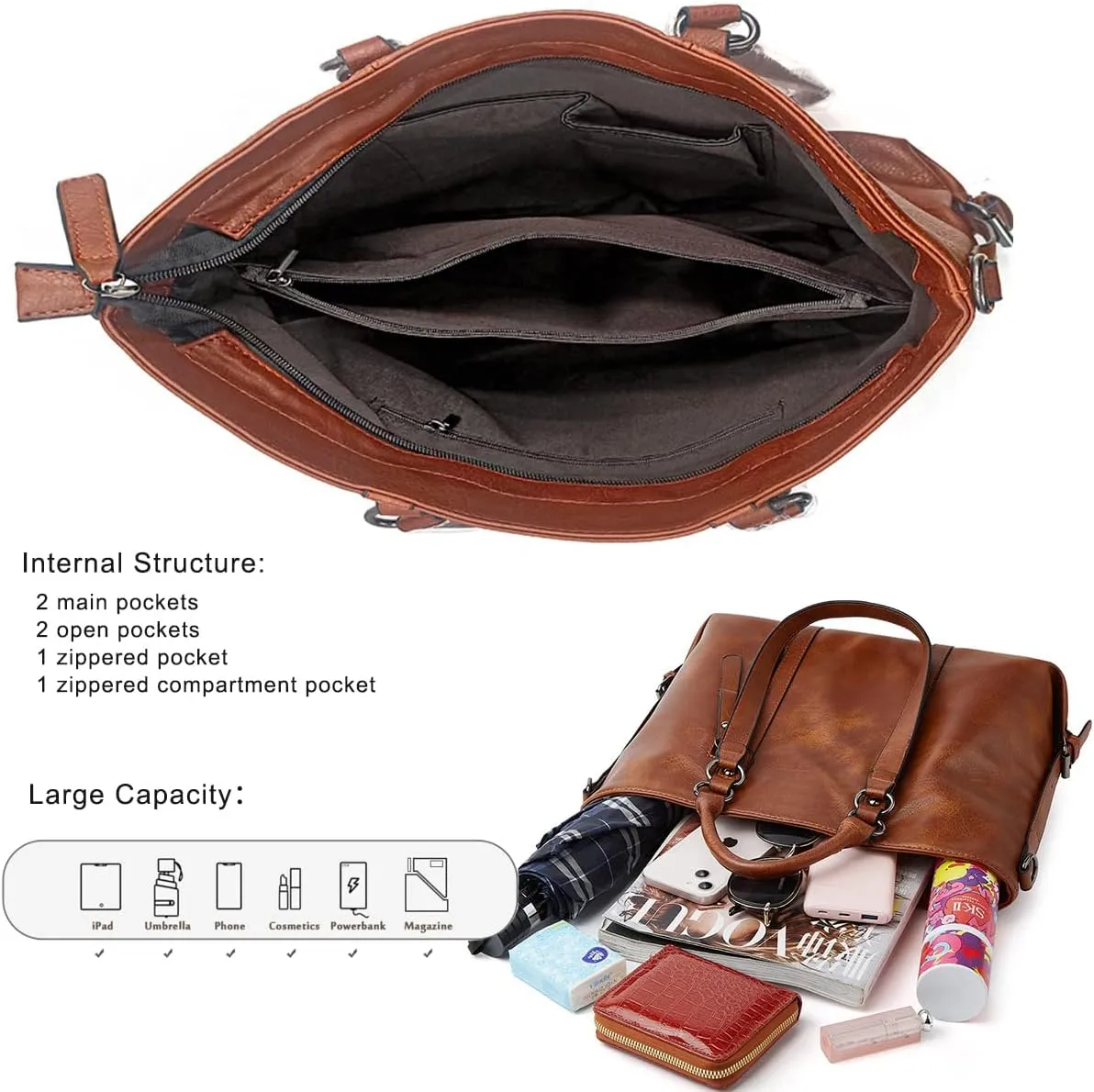 Women Soft Top-handle Purse Oil-waxed PU Leather Shoulder Handbag Shopper Work Tote Crossbody Bag Travel Satchel