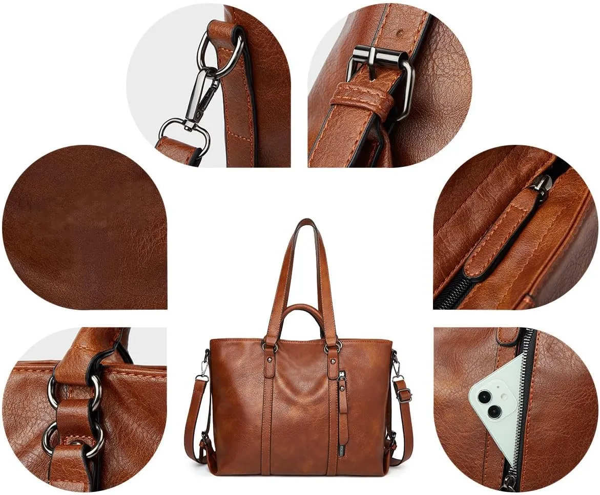 Women Soft Top-handle Purse Oil-waxed PU Leather Shoulder Handbag Shopper Work Tote Crossbody Bag Travel Satchel