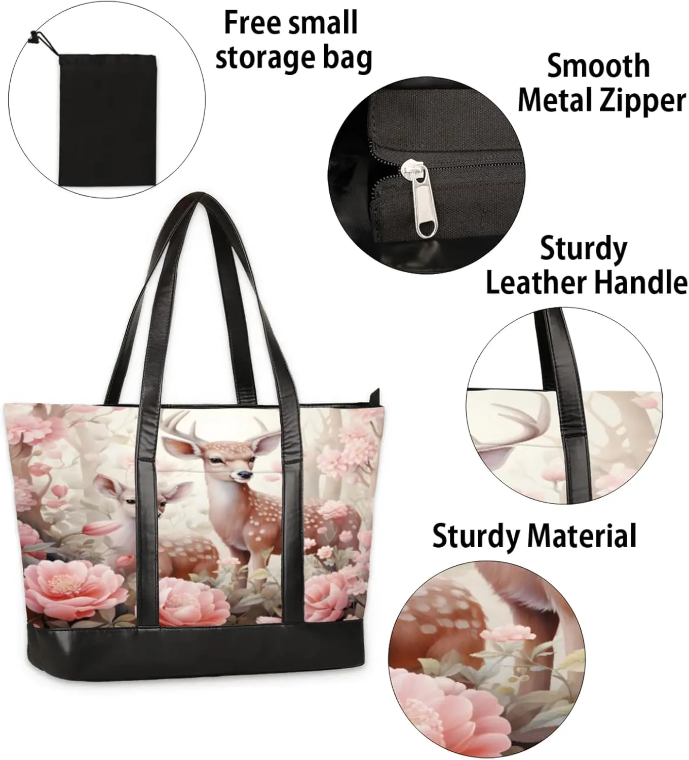 Women Tote Bag with Zipper, Shopper Handbag Travel Purse, PU Leather Laptop Tote Bags, Weekender Bags