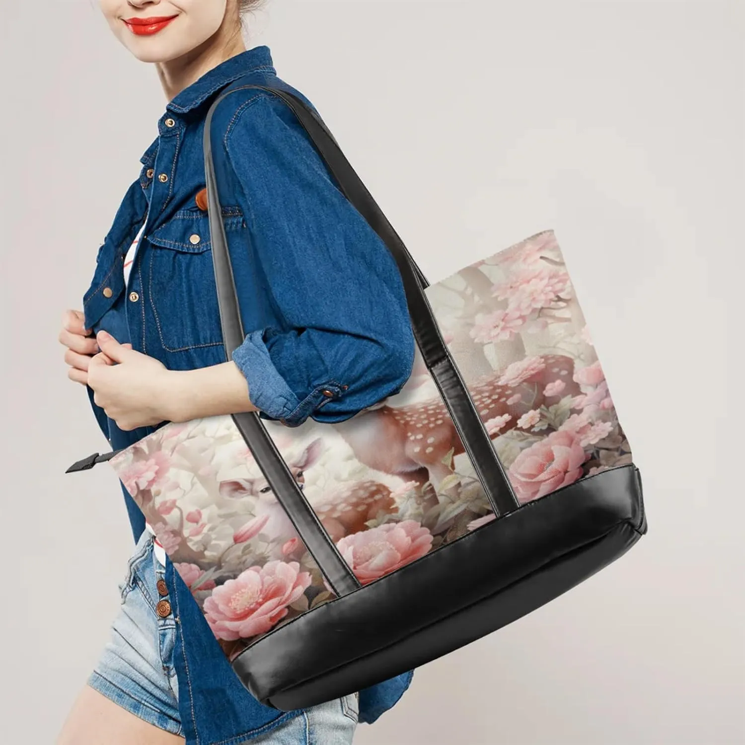 Women Tote Bag with Zipper, Shopper Handbag Travel Purse, PU Leather Laptop Tote Bags, Weekender Bags