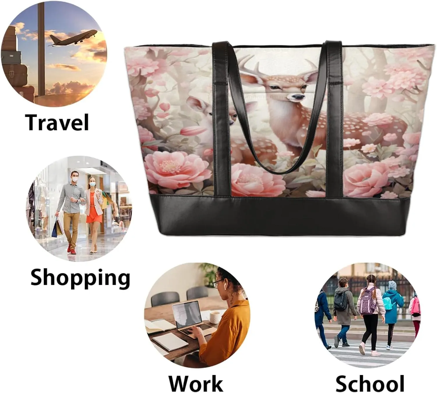 Women Tote Bag with Zipper, Shopper Handbag Travel Purse, PU Leather Laptop Tote Bags, Weekender Bags