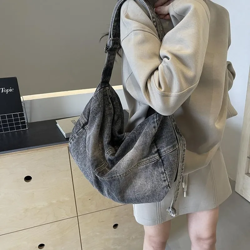 Women Tote Denim Shoulder Purse Vintage Washed Large Capacity Travel Duffel Crossbody Casual Gym Commuter Hand Carry