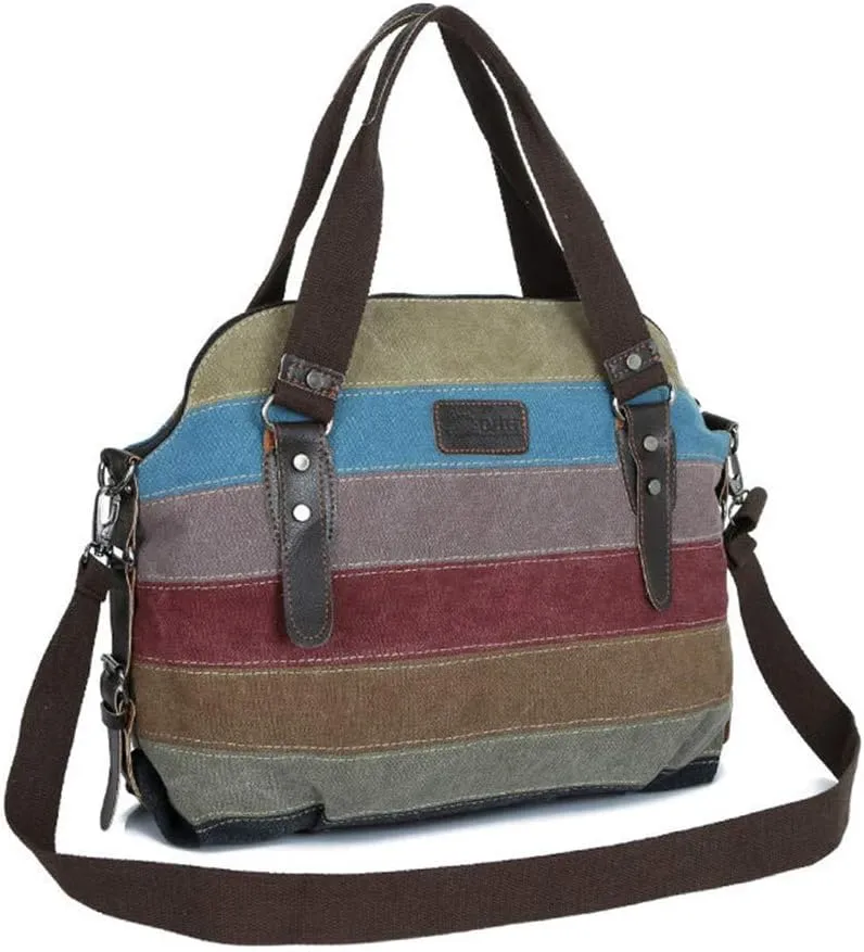Women Tote Purse Hobo Bag Multi-Color Striped Canvas Handbag Crossbody Shoulder Bag