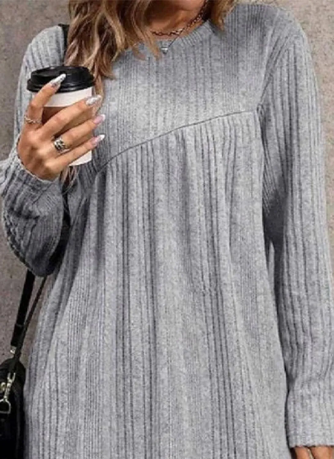 Women's 2025 Spring Shift Mini Dress Casual Round Neck Long Sleeve Dress Classy Ribbed Knit Vacation Party Work Dresses