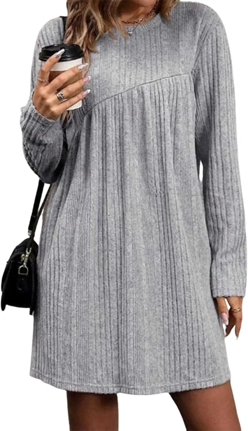 Women's 2025 Spring Shift Mini Dress Casual Round Neck Long Sleeve Dress Classy Ribbed Knit Vacation Party Work Dresses