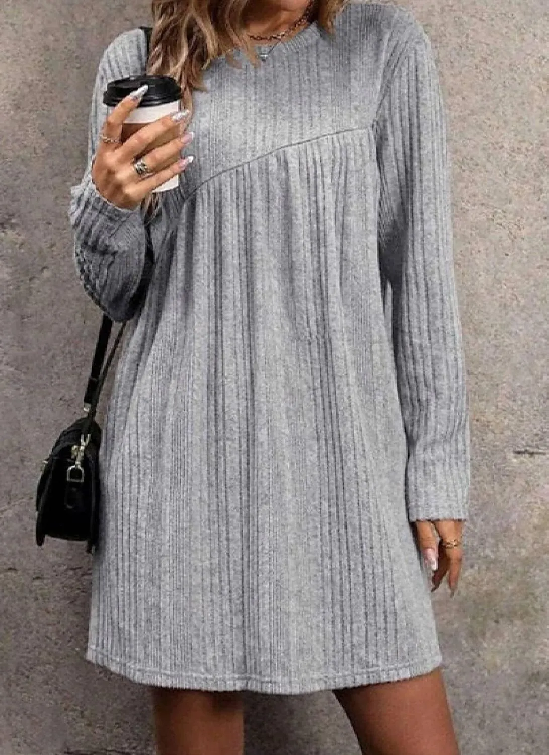 Women's 2025 Spring Shift Mini Dress Casual Round Neck Long Sleeve Dress Classy Ribbed Knit Vacation Party Work Dresses