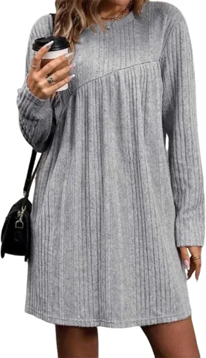 Women's 2025 Spring Shift Mini Dress Casual Round Neck Long Sleeve Dress Classy Ribbed Knit Vacation Party Work Dresses
