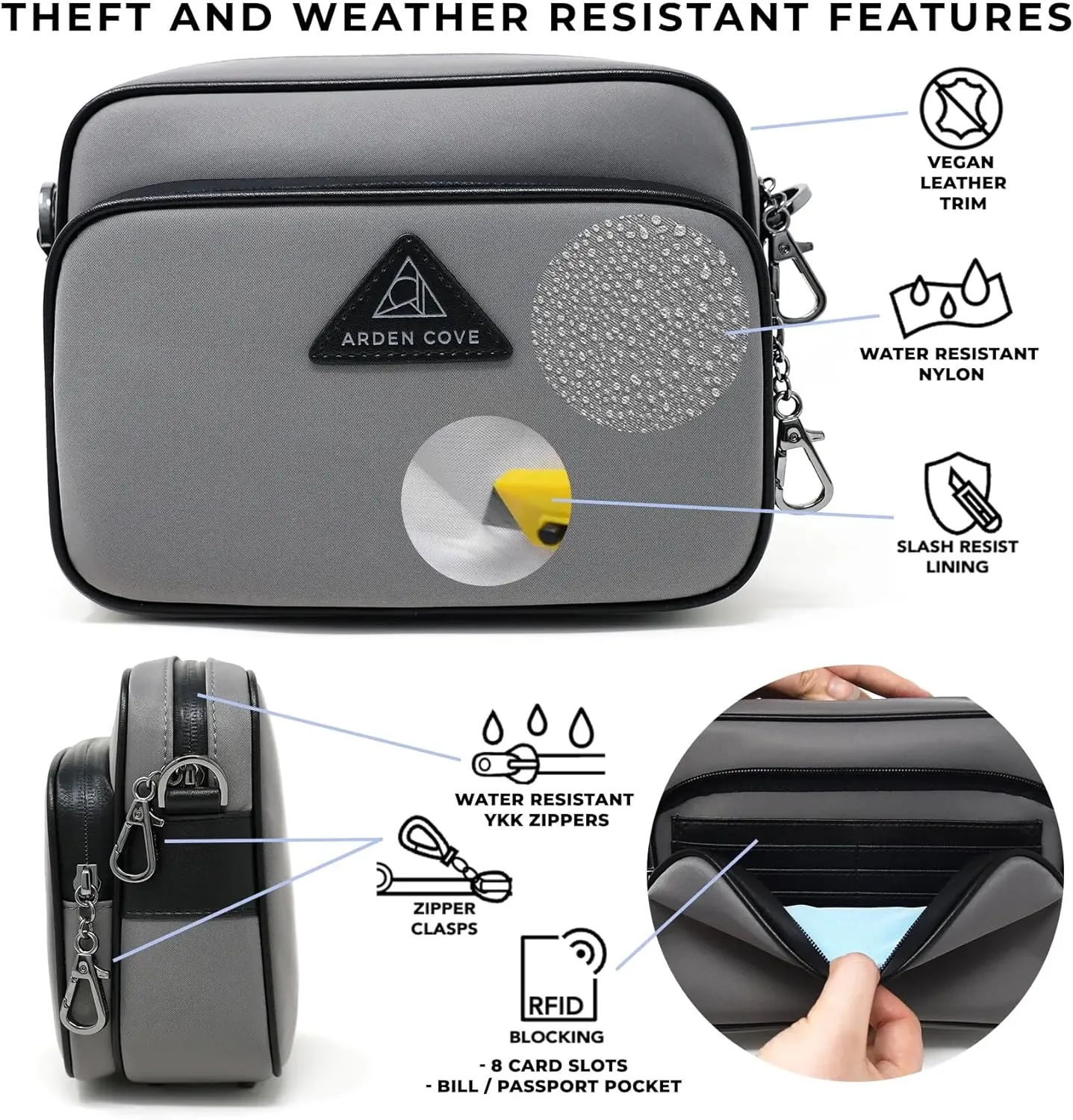 Womens Anti-Theft Water-Proof Travel Crossbody Bag with Slash-Resistant Faux Leather & Locking Clasps Strap