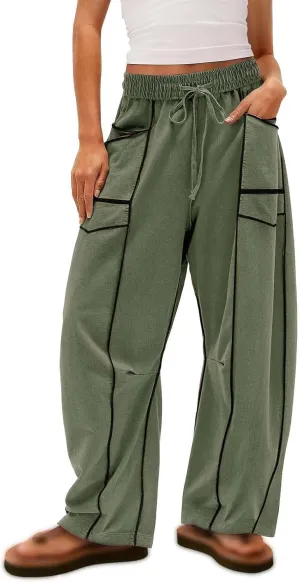 Womens Barrel Sweatpants Casual Summer Elastic High Waisted Drawstring Wide Leg Palazzo Pants Cargo Pants