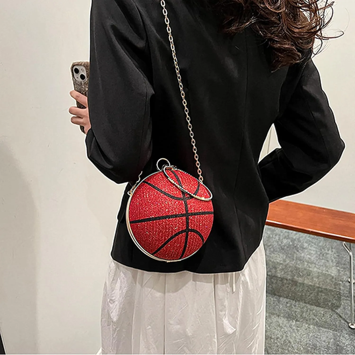 Women's Basketball Mini Round Messenger Bag - Diamond-Encrusted Handbag, Stylish Novelty Purse, Unique Design