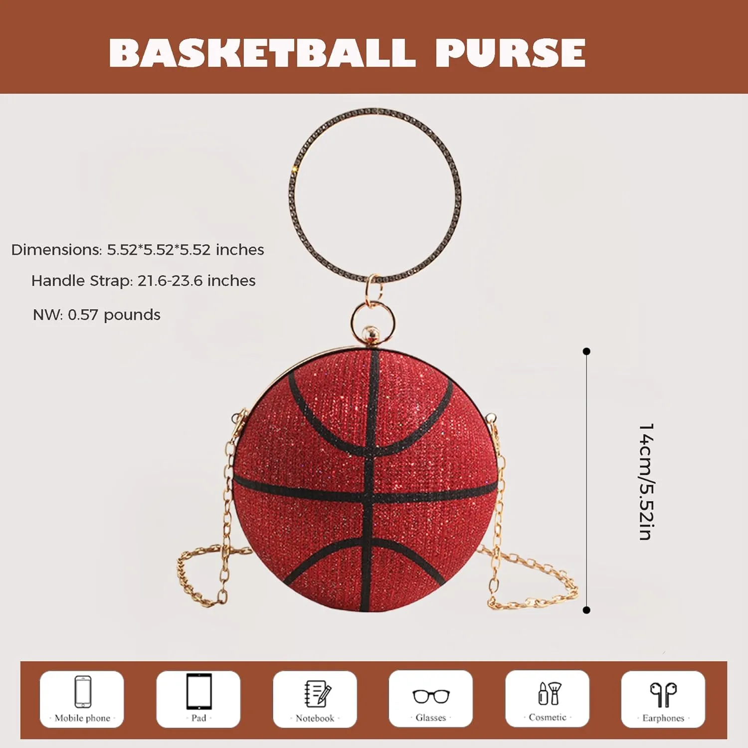 Women's Basketball Mini Round Messenger Bag - Diamond-Encrusted Handbag, Stylish Novelty Purse, Unique Design